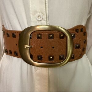 Brown PU studded leather elastic waistband belt
